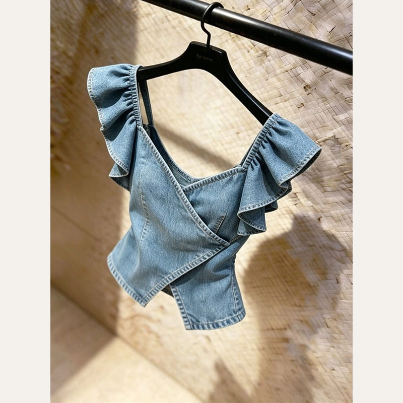 Denim Flutter Wrap Top detail view