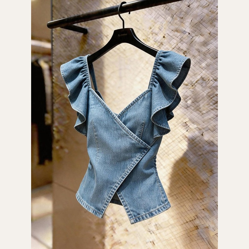 Denim Flutter Wrap Top detail view