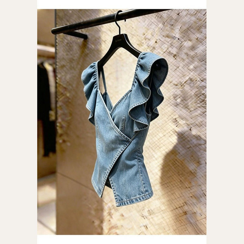 Denim Flutter Wrap Top detail view